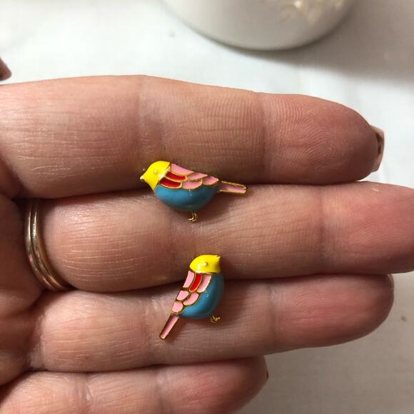 Tiny Bird Earrings Enamel Painted Pastel Colors Dainty - Picture 5 of 6